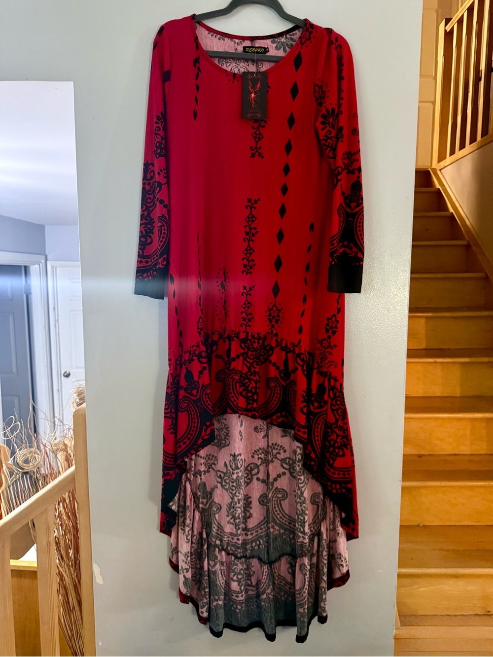 REBORN Red & Black Boho Gothic Damask High-Low Tunic Dress - Size M